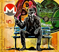 a painting of a man sitting on a bench with money