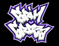 a purple and white graffiti logo on a black background