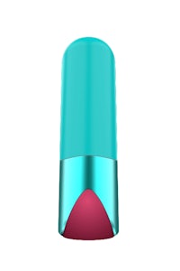 a blue and pink lipstick on a white background