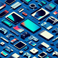 a collection of video game controllers on a blue background