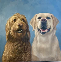a painting of two dogs in front of a blue background