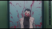 a man with blood on his face is standing in front of an elevator