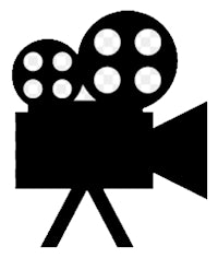 a black and white movie camera icon on a white background