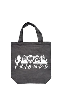 a gray tote bag with the word friends on it
