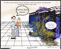 a cartoon of a man and a woman talking about a computer system