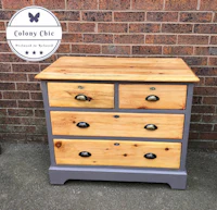 a grey and wood chest of drawers