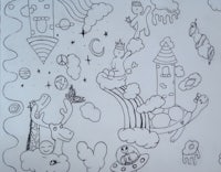 a black and white drawing of a castle and clouds