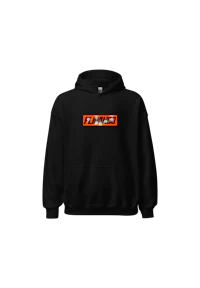 a black hoodie with an orange logo on it