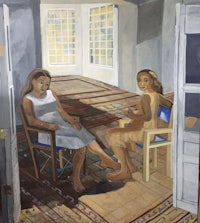 a painting of two women sitting in chairs