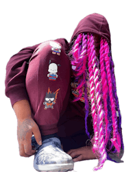 a girl with purple dreadlocks and a hoodie