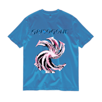 a blue t - shirt with a pink and blue swirl design