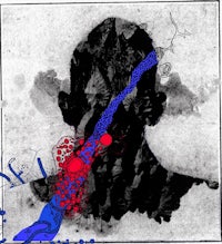 a black and white drawing of a man with blue and red dots