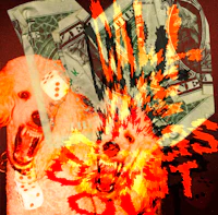 a poodle with his mouth open in front of a pile of money