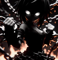 a figure is chained to a chain in front of a fire