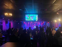 a crowd of people at a bar watching a band perform