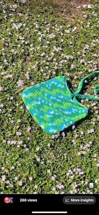 a green and blue crocheted bag laying in the grass