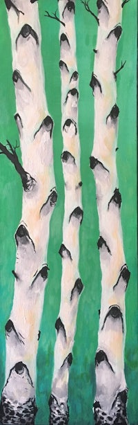a painting of three birch trees on a green background