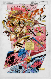 a comic page with a woman with red hair and a sword