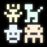 four pixel characters on a black background