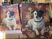 a painting of a dog sitting on a couch