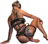 a woman in lingerie with tattoos and a cat mask