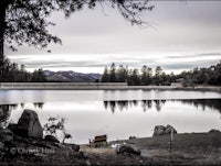a lake with a bench and trees in the background