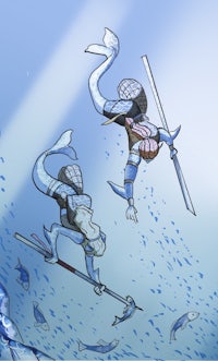 two mermaids swimming in the ocean