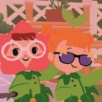 a pair of kids in a green outfit standing next to each other