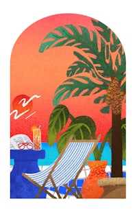 an illustration of a beach scene with chairs and a palm tree