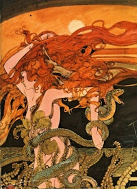 an illustration of a woman with red hair and a snake on her back