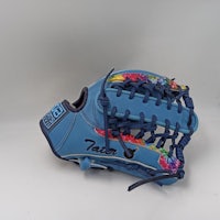 a blue baseball glove with colorful designs on it