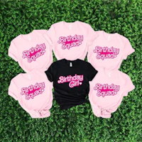 five pink t - shirts with the word birthday girl on them