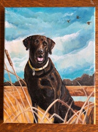 a painting of a dog sitting in tall grass