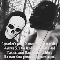 a couple of people dressed in skeleton masks are standing in a wooded area