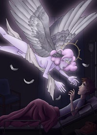 an angel hovering over a man in a hospital bed