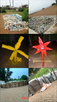 a collage of pictures showing a beach with trash and a windmill