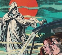 a comic book cover featuring a woman and a man in a car