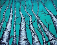 a painting of birch trees on a turquoise background