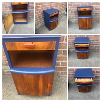 four pictures of a blue nightstand with drawers