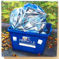 a painting of a blue recycling bin