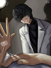 a man in a white coat is holding a patient's hand