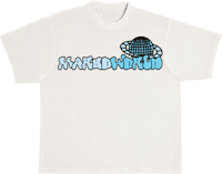 a white t - shirt with a blue logo on it