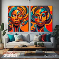 a living room with two paintings on the wall