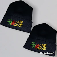 two black beanie hats with the word route on them