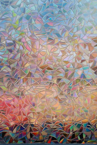 a painting of a sunset with colorful glass pieces