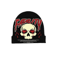a black beanie with a skull and blood on it