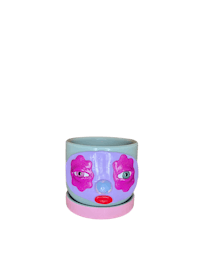 a blue and pink flower pot with a face on it