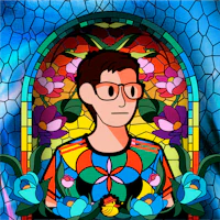an illustration of a man with glasses in front of a stained glass