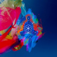 a colorful painting of a buddha sitting in a lotus position