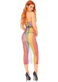 a woman in a rainbow colored sexy dress